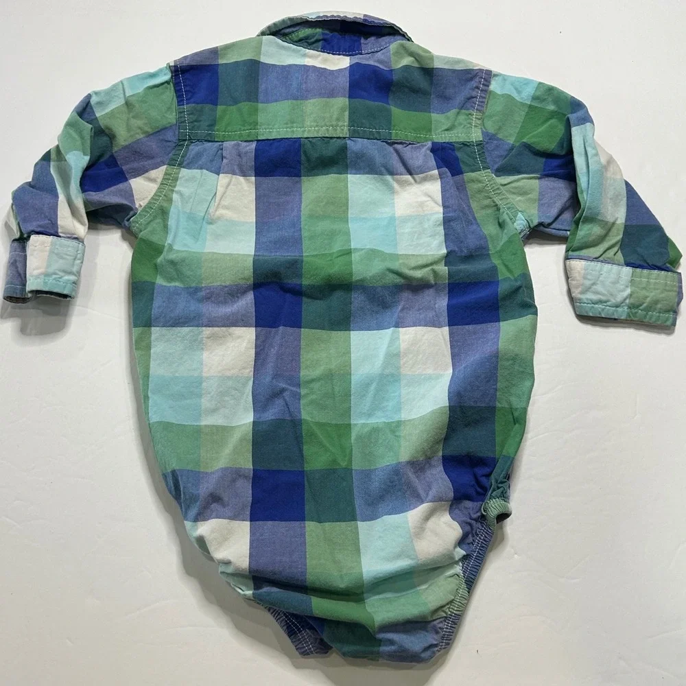 OshKosh B'gosh Plaid Long Sleeve Bodysuit 18 Months Green Blue‎ White
